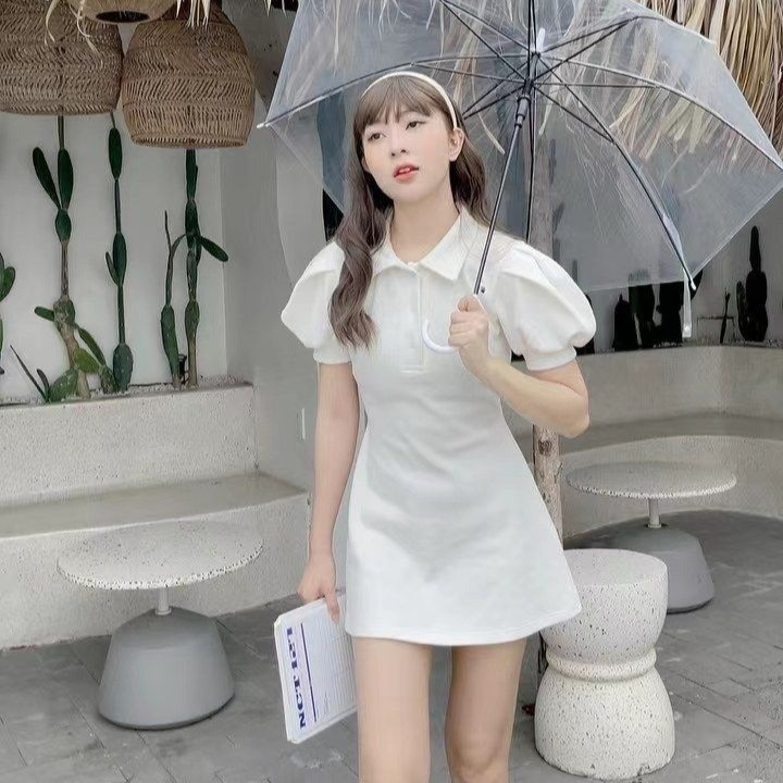 High-end Sophisticated Blue French-style Puff-sleeve Dress