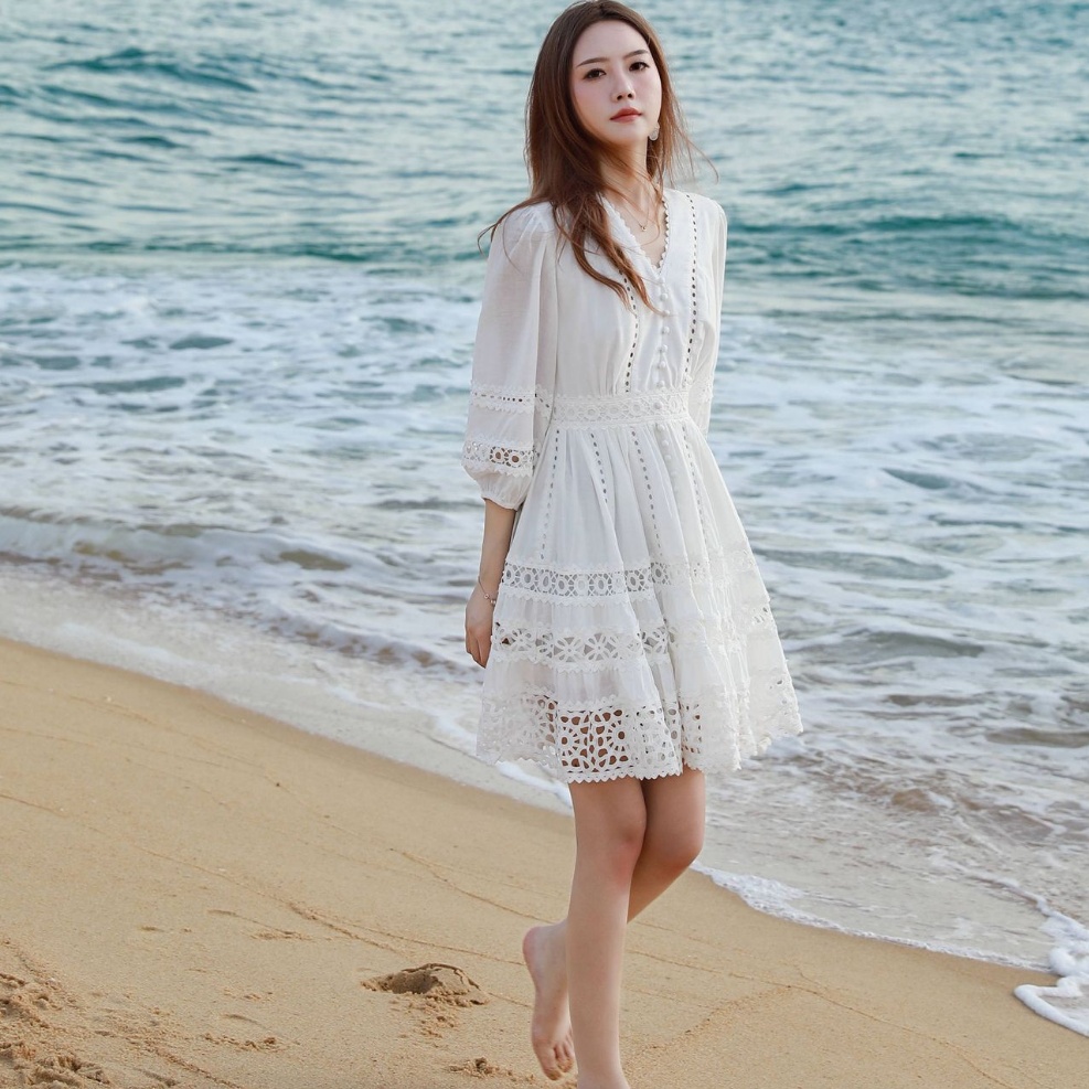 White Lantern-sleeve V-neck Dress
