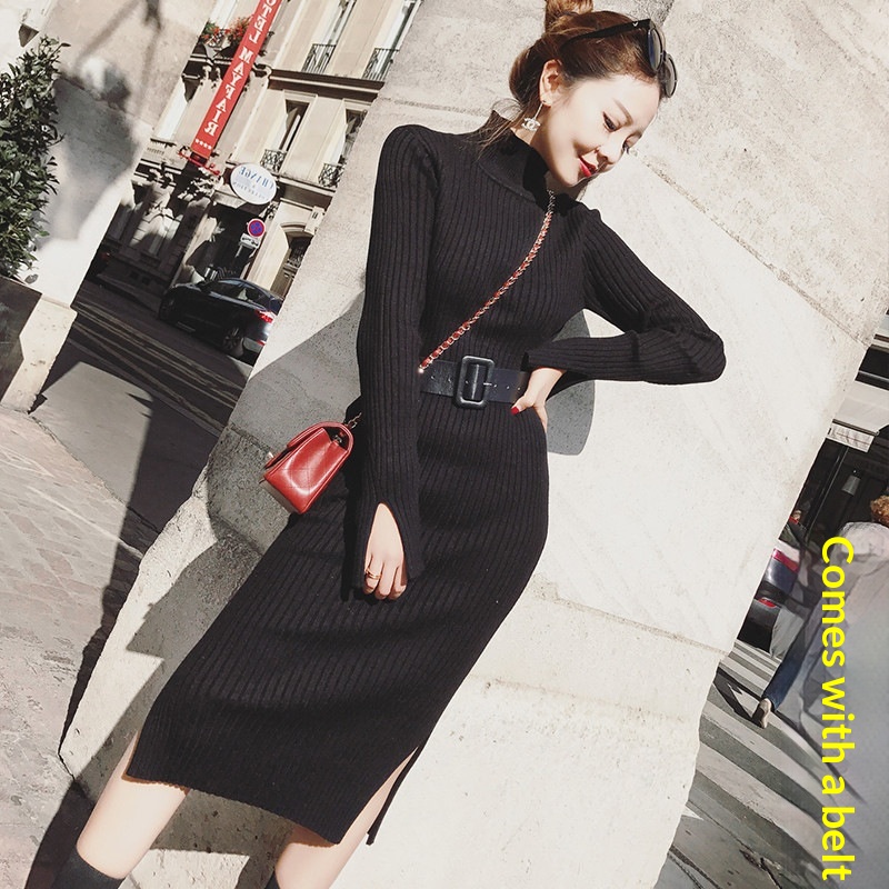 Turtleneck Knitted Split-front Dress