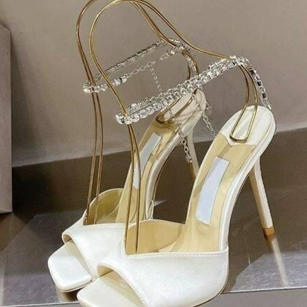 Square-toe Fish-mouth Stiletto-heel Large-size Ankle-wrap Chain Sandals