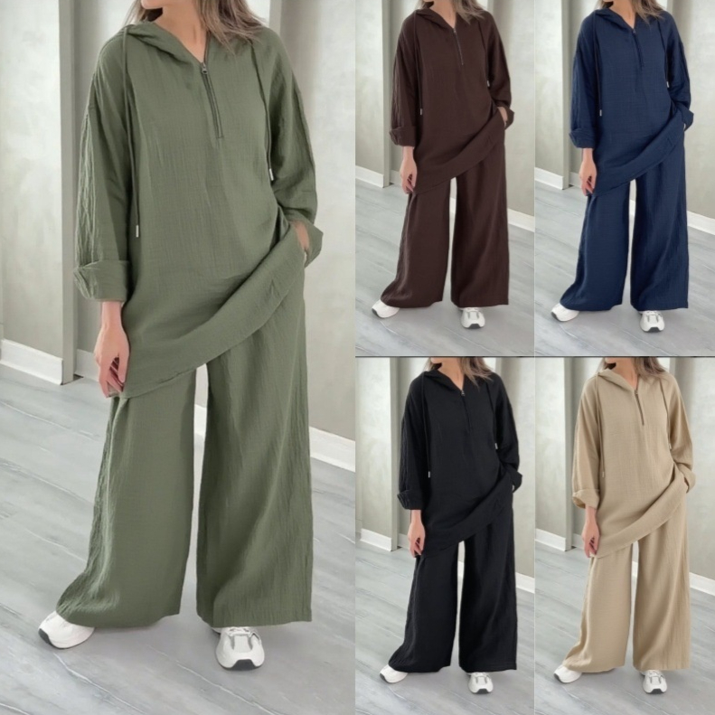 Half-zip Top And Wide-leg Pants Set