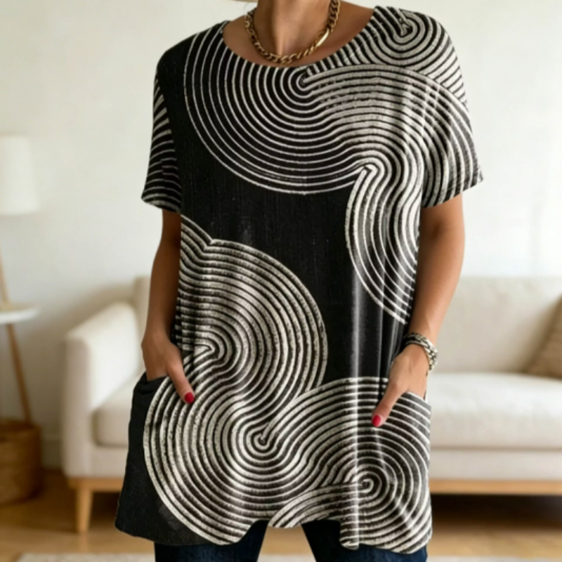 Black & White Swirl Print Short Sleeve Tunic Top With Pockets