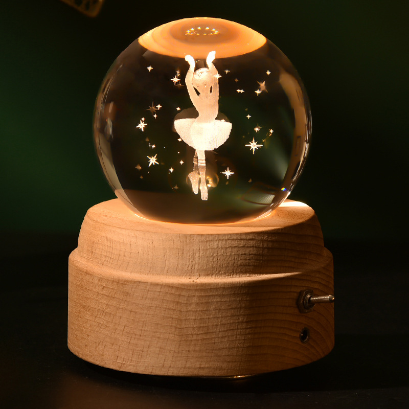 Rotating Crystal Octave Box Crystal Ball Music Box Luminous Solid Wood