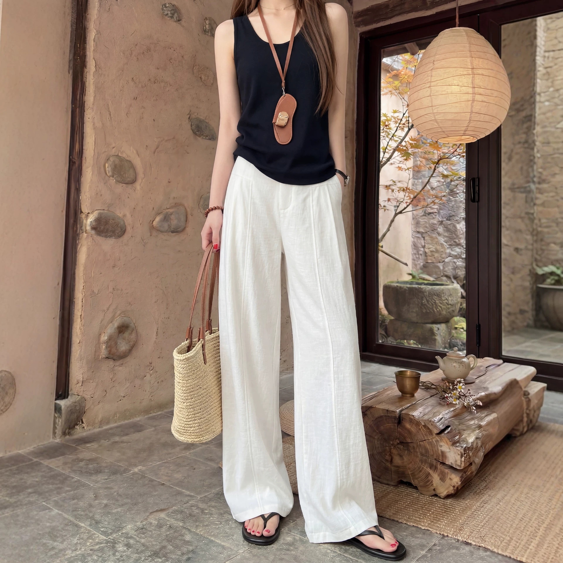 White Relaxed-fit Wide-leg Pants Womens Summer Lightweight Style