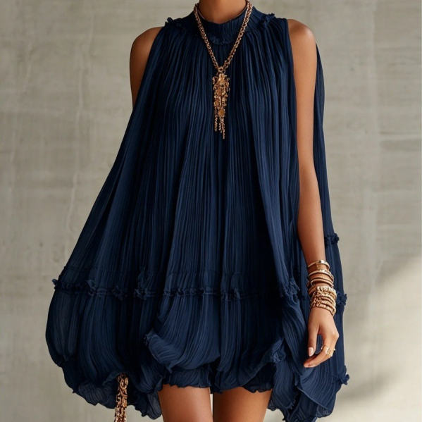 Loose Flared Figure-flattering Pleated Sleeveless Midi Skirt
