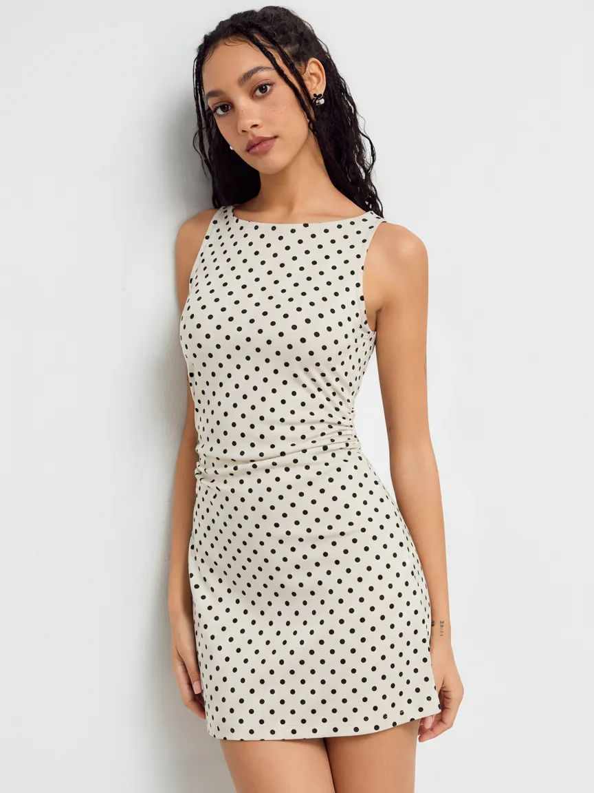 Vintage Polka Dot Sleeveless Dress Women Boat Neck Slim Fit A-Line Mini Dress Casual Summer Party Outfit 3
