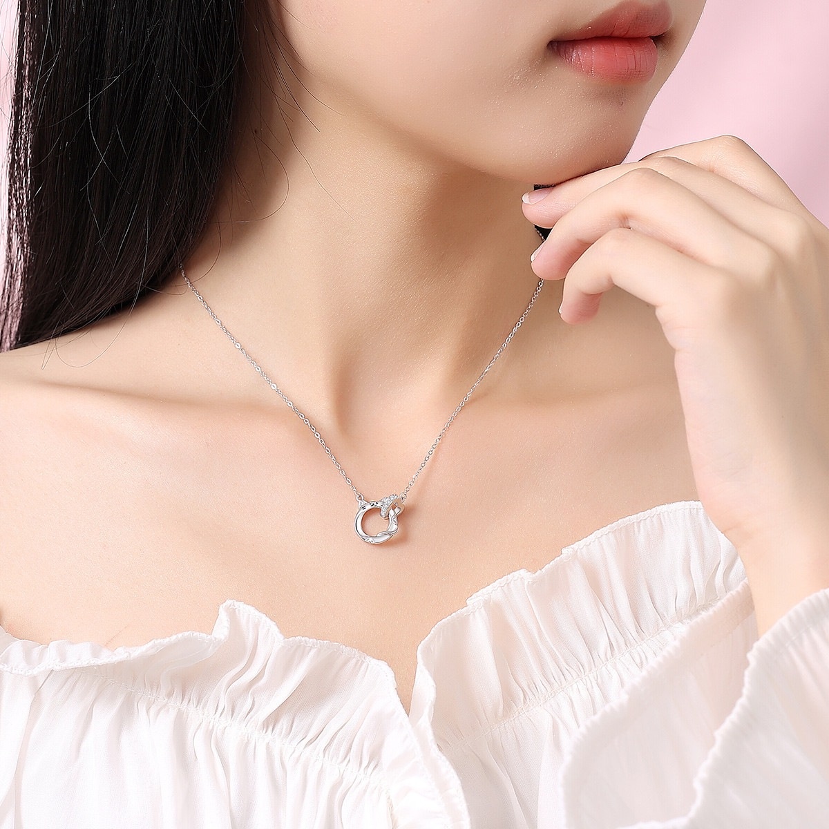 Lucky Cat Double-Ring Necklace For Women S925 Silver