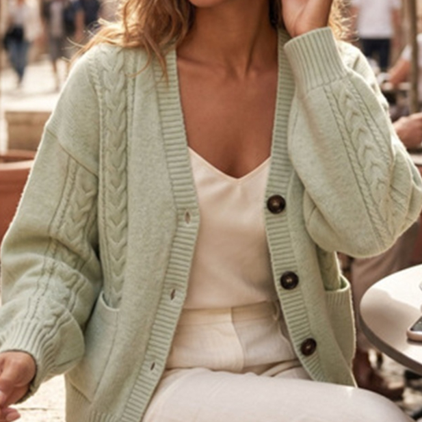 Cable-Knit Cardigan With V-Neck And Long Sleeves