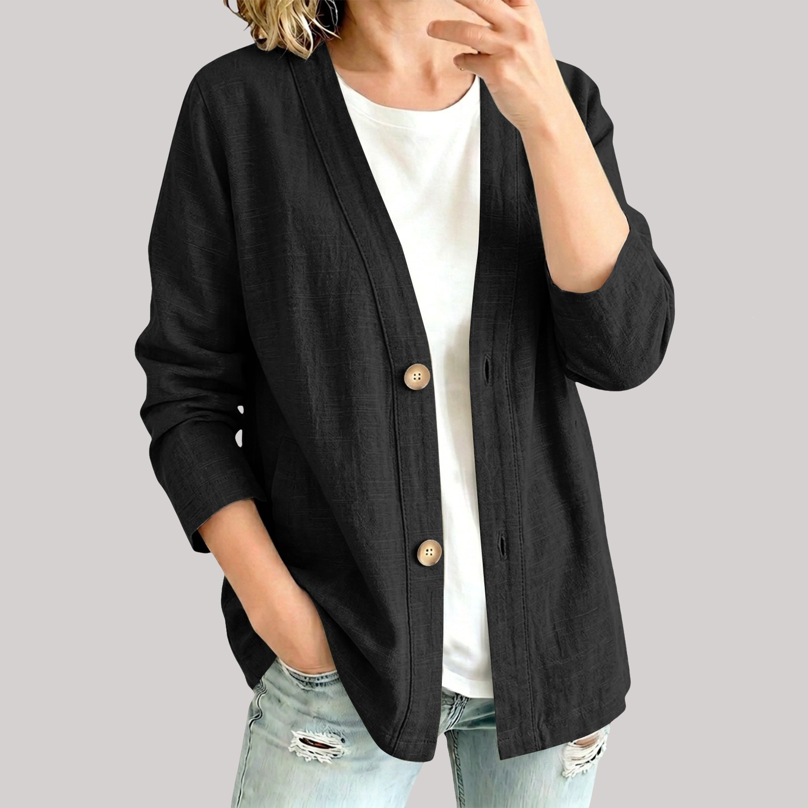 Cotton-linen Casual Cardigan Jacket With Long Sleeves