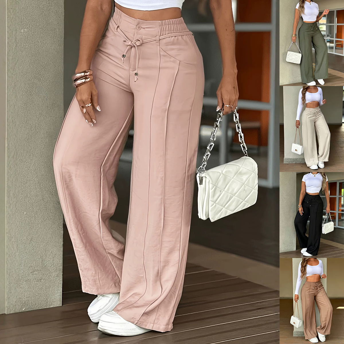 Lace-up Trousers Loose-fit Drawstring Wide-leg Pants With Multiple Pockets