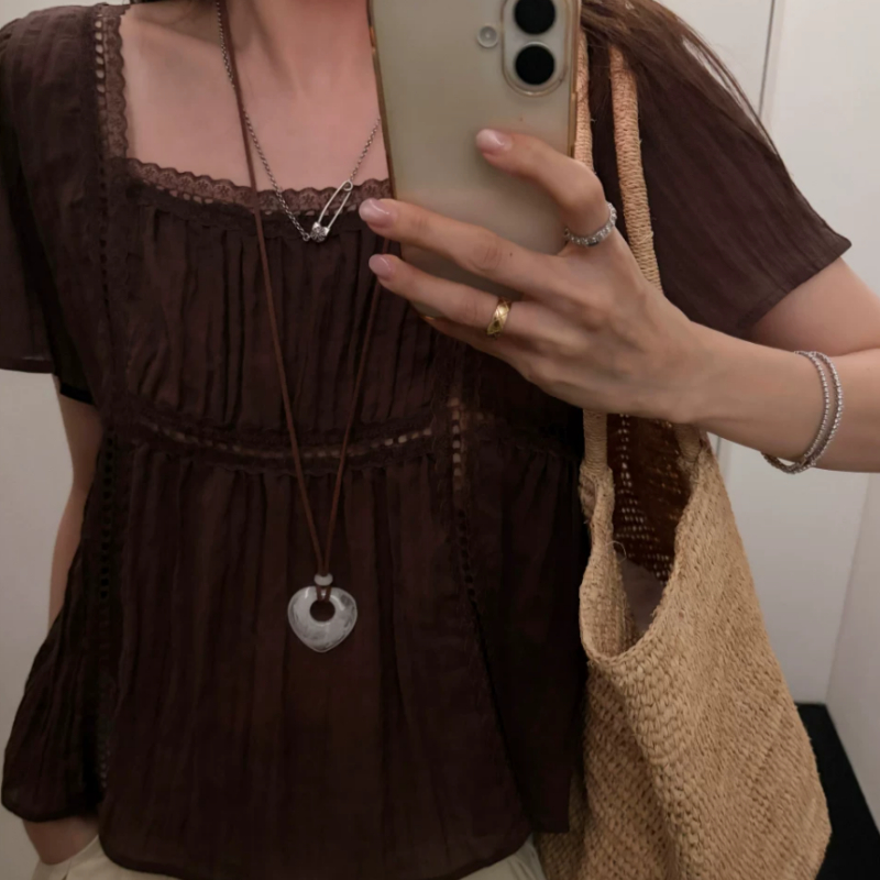 French-style Vintage Square-neck Short-sleeve Shirt