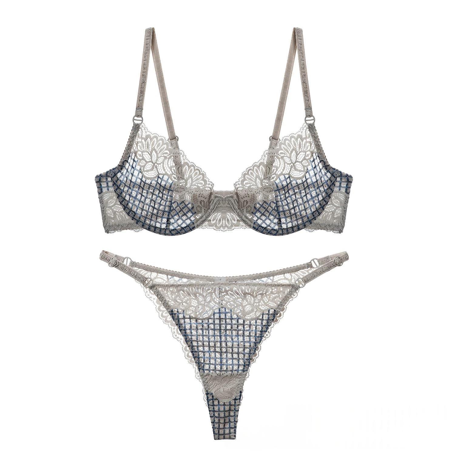 Sexy Lace-embroidered Plaid Anti-sagging Lingerie Set 2