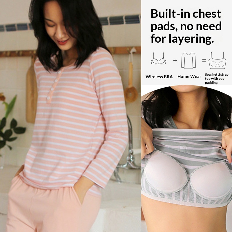 Womens Striped Long-Sleeve And Long-Pants Pajama Set With Built-In Bra Pads