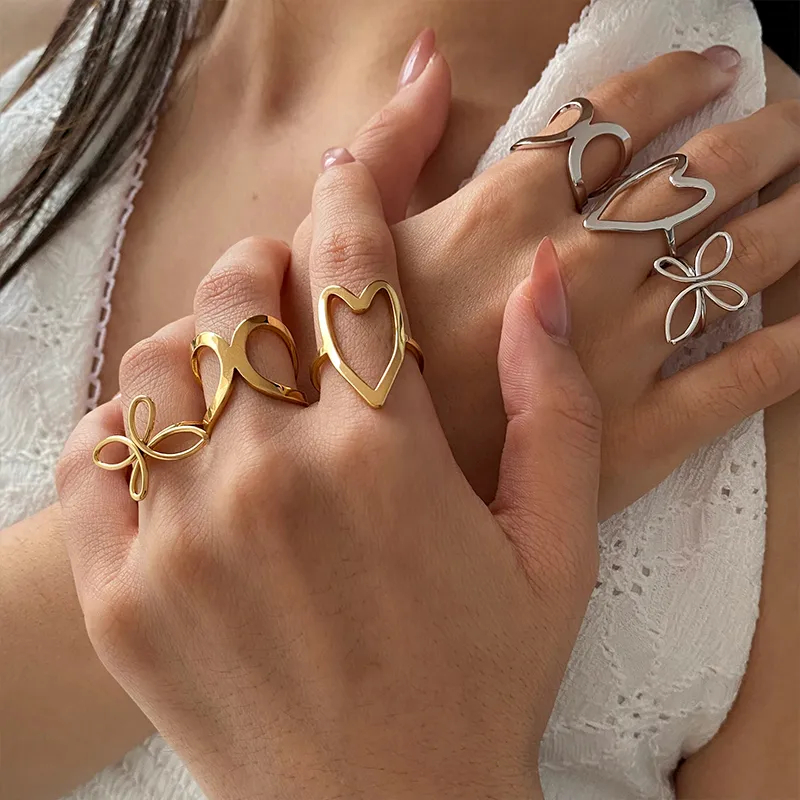 316L Stainless Steel Geometric Heart Butterfly Open Adjustable Ring