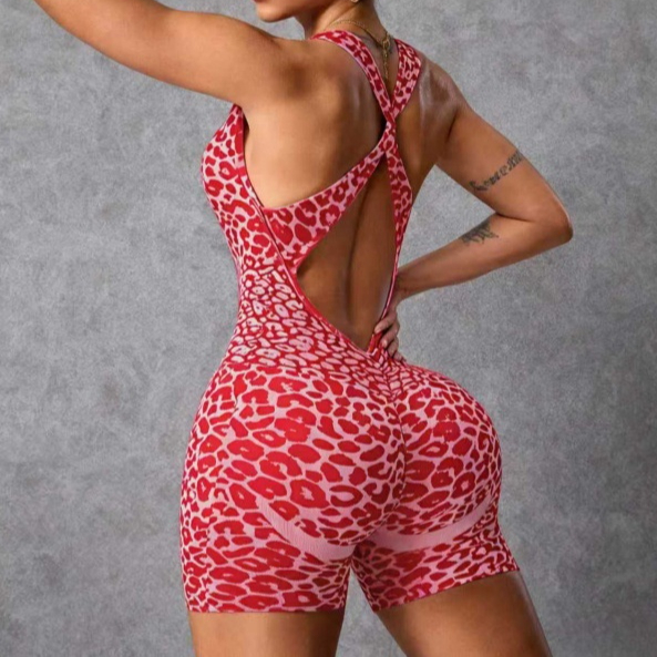 Cross-pattern Leopard-print Hollowed-out One-piece Fitness Jogger Yoga Outfit