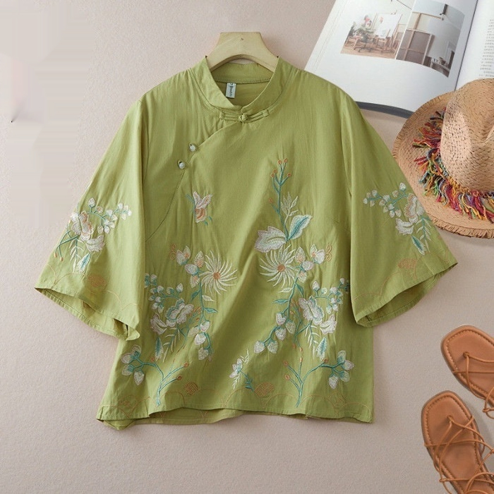 Chinese-style Embroidered Ramie Shirt For Women Spring Season With A Slanted Placket