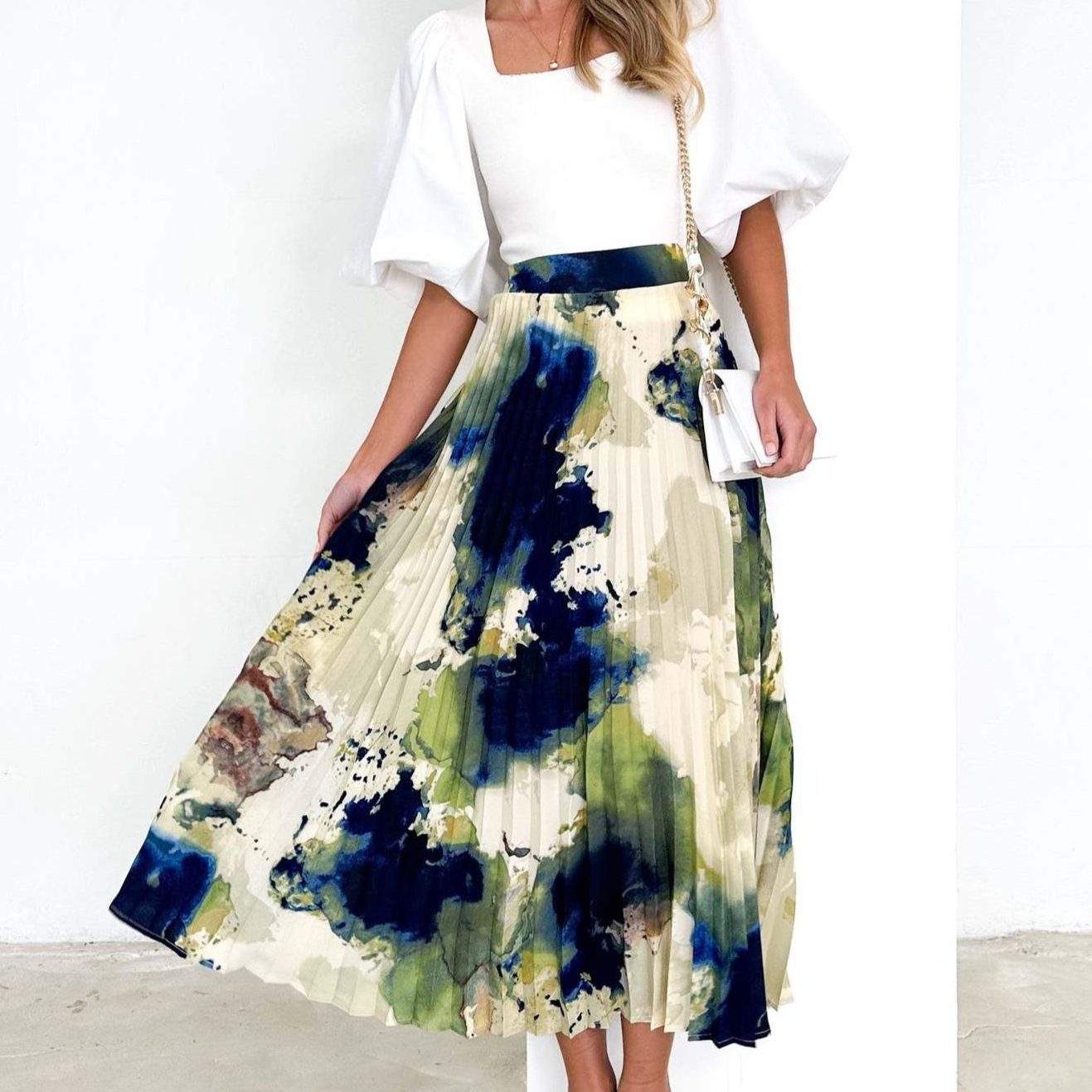 High-end Oil-painting Print Pleated A-line Skirt For Women