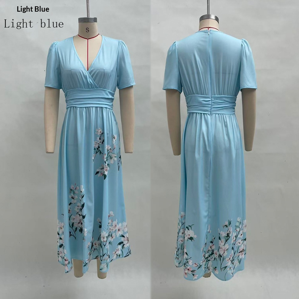 Womens Digital-Print Floral Long-Sleeve V-Neck Pleated Dress