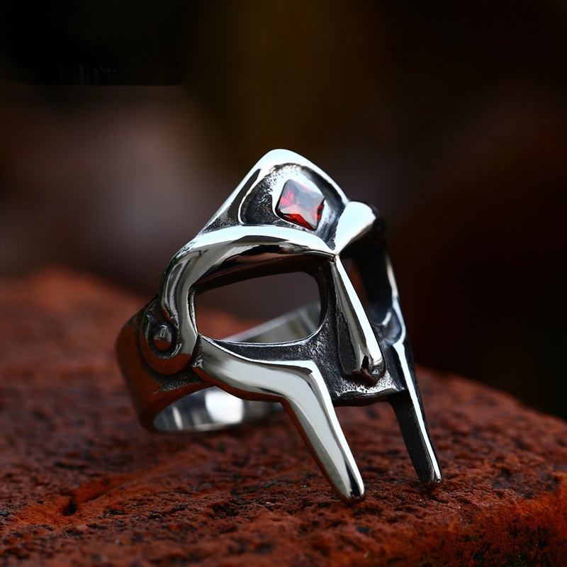 Retro Titanium Steel Mask Ring Inlaid With Gemstones