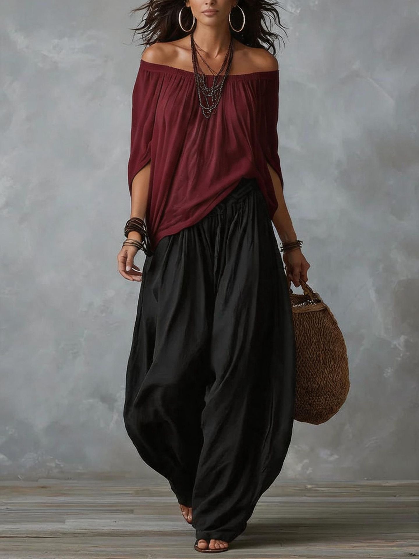 Women's Off-Shoulder Suit Long Sleeve Top And Flare Leg Pants Set - Loose Fit Casual Two Piece Outfit variant 9
