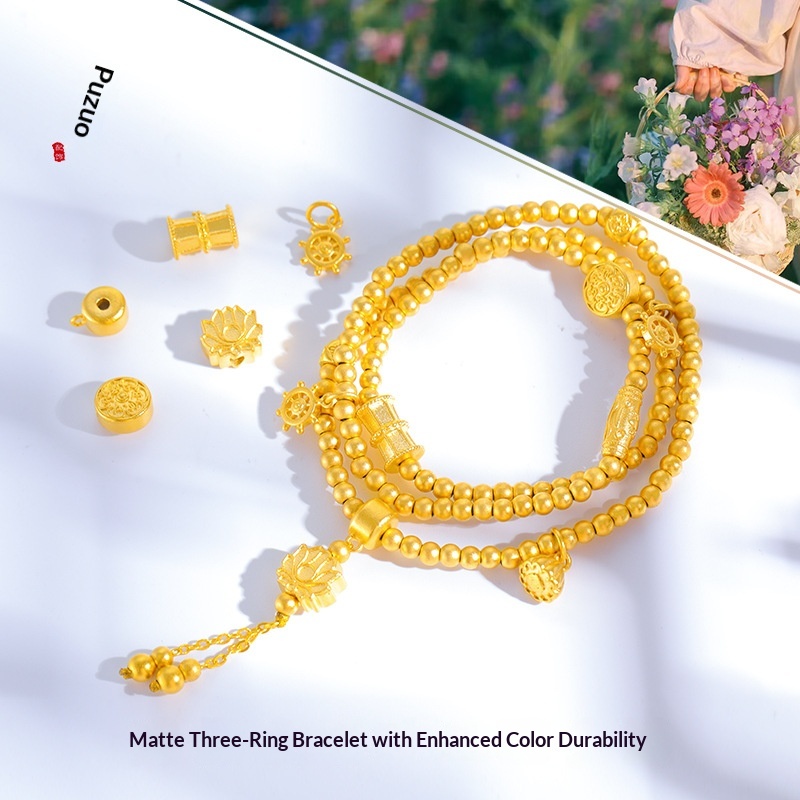 Matte Gold Sand Auspicious And Continuous Triple-Loop Bracelet For Women