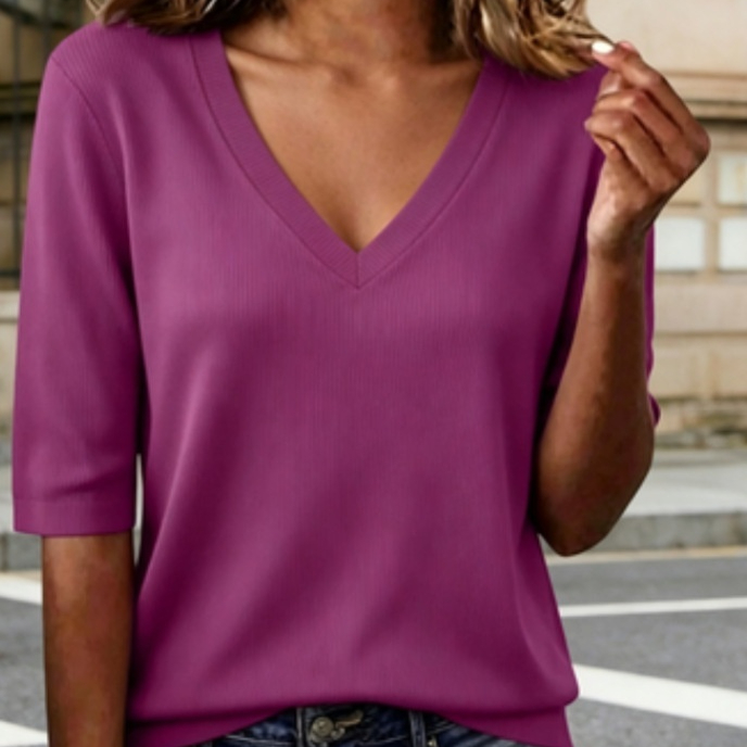 Womens Three-quarter-sleeve Ice-silk Ribbed T-shirt