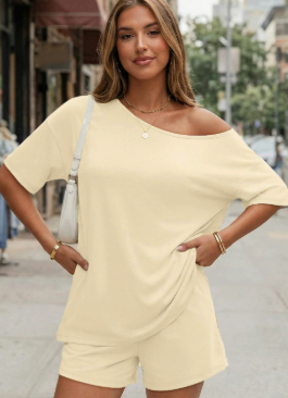 Womens 2-piece Fashionable Casual Set Slant-Neck Top And Shorts For Loungewear Daily Wear Work Gym Outfit 6