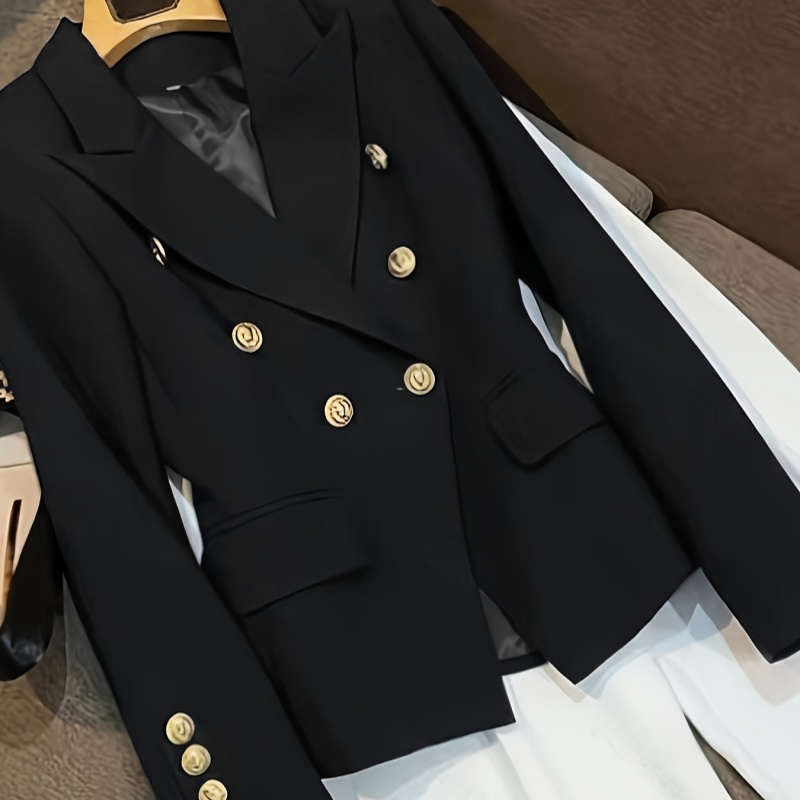 Solid-color Long-sleeve Double-breasted Blazer With Gold Buttons And A Lapel Collar