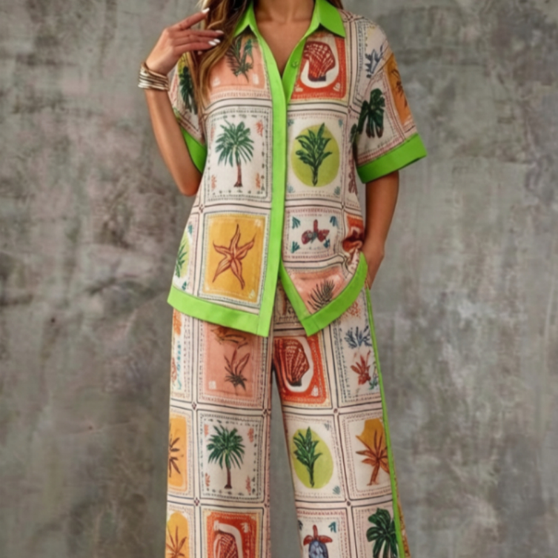 Summer Womens Shirt Set With A Digital-print Collar