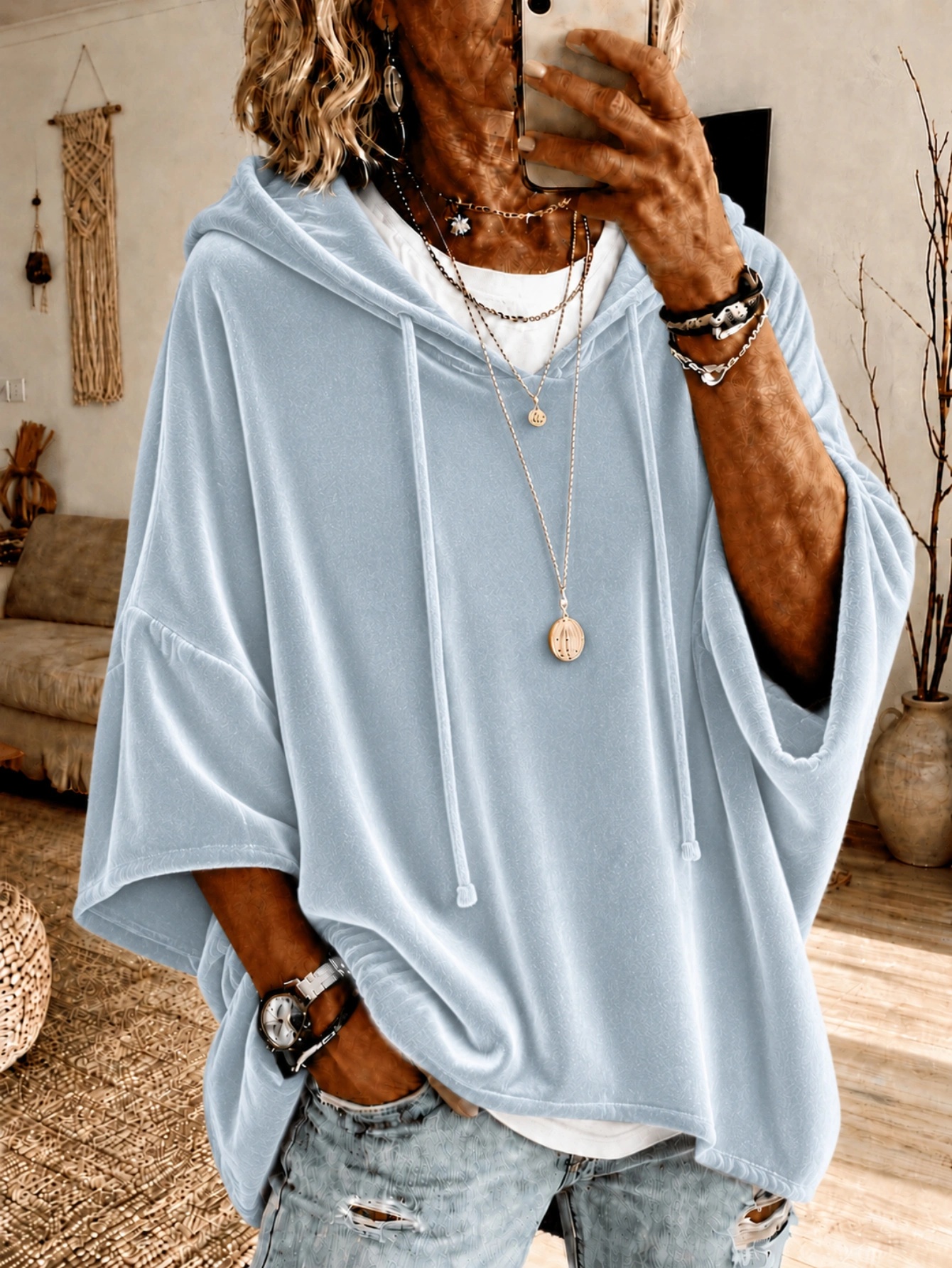 Coat With Hood And Drawstring Worn Over Loose Top