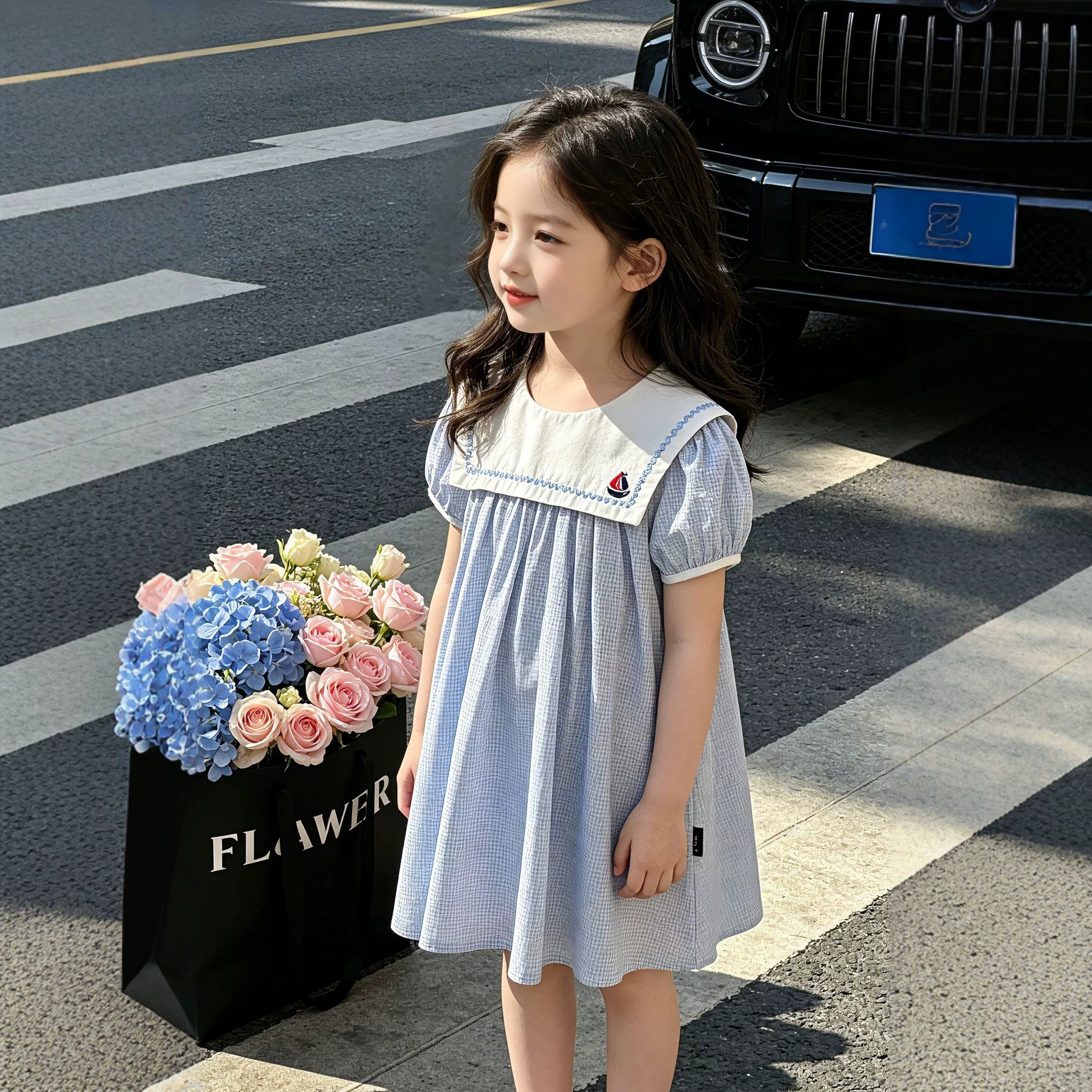 Princess Dress Navy Style Embroidered Checkered Short Sleeve Doll Collar
