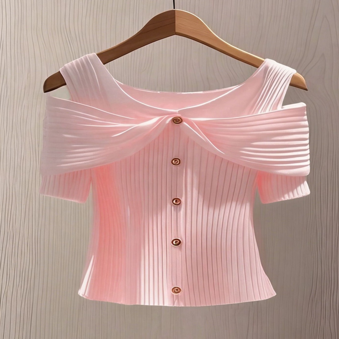 Womens Solid-color Off-shoulder Short-sleeve Top With Button Detailing