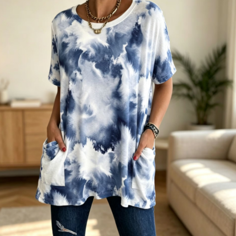 Blue And White Tie Dye T-shirt With Pockets For Mature Women