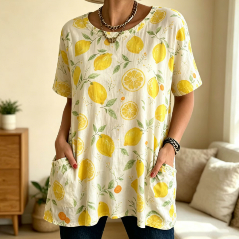 White Lemon Printed Tunic Top With Pockets For Mature Women