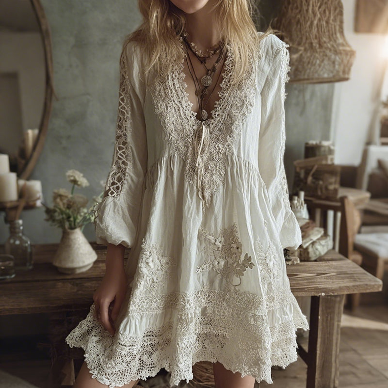 Womens Retro Bohemian V-Neck Dress
