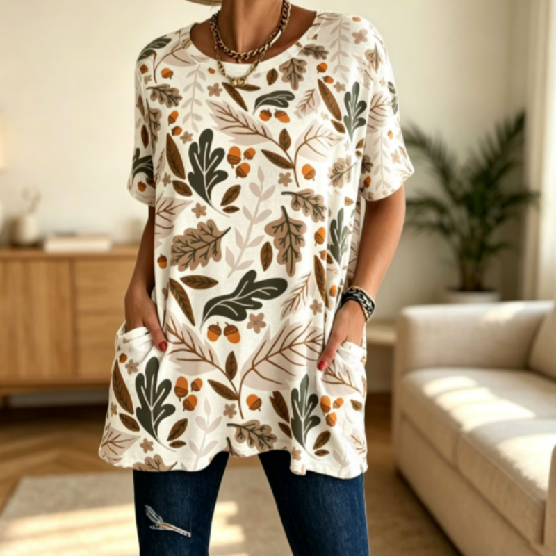 Autumn Leaf Printed T-Shirt With Pockets For Mature Women