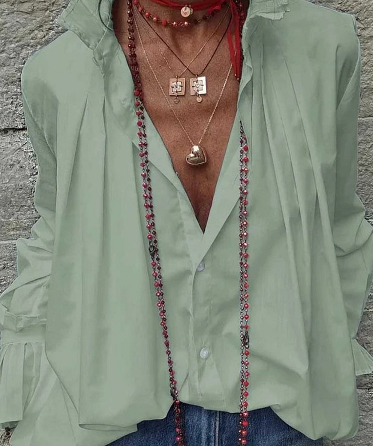 Womens Lantern-Sleeve Ruffle-Trim Casual Shirt