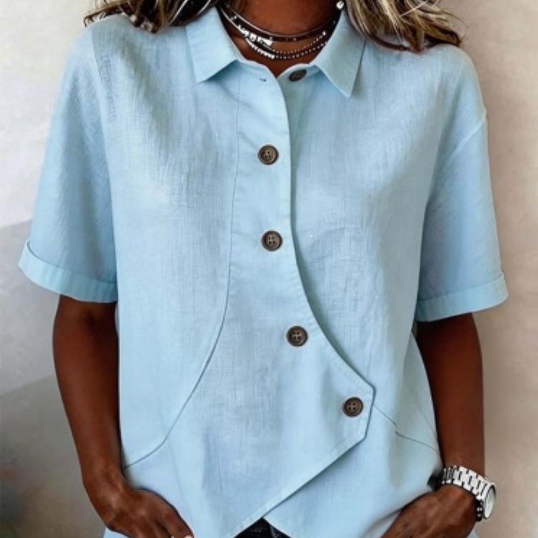 Womens Casual Solid-color Irregular-button Blouse Loose-fit Short Sleeves