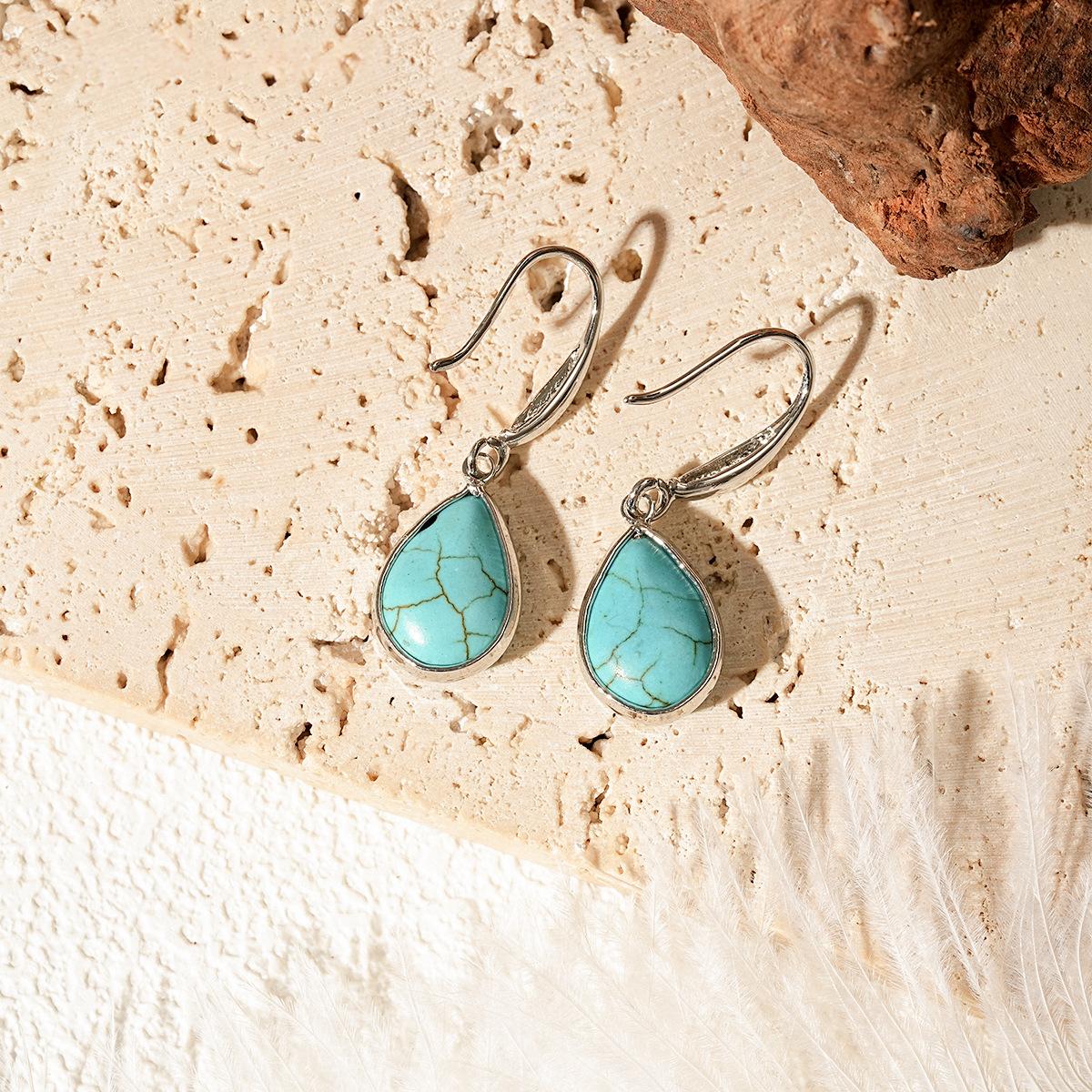 Natural Stone Teardrop Vintage Turquoise Inlaid Long Earrings
