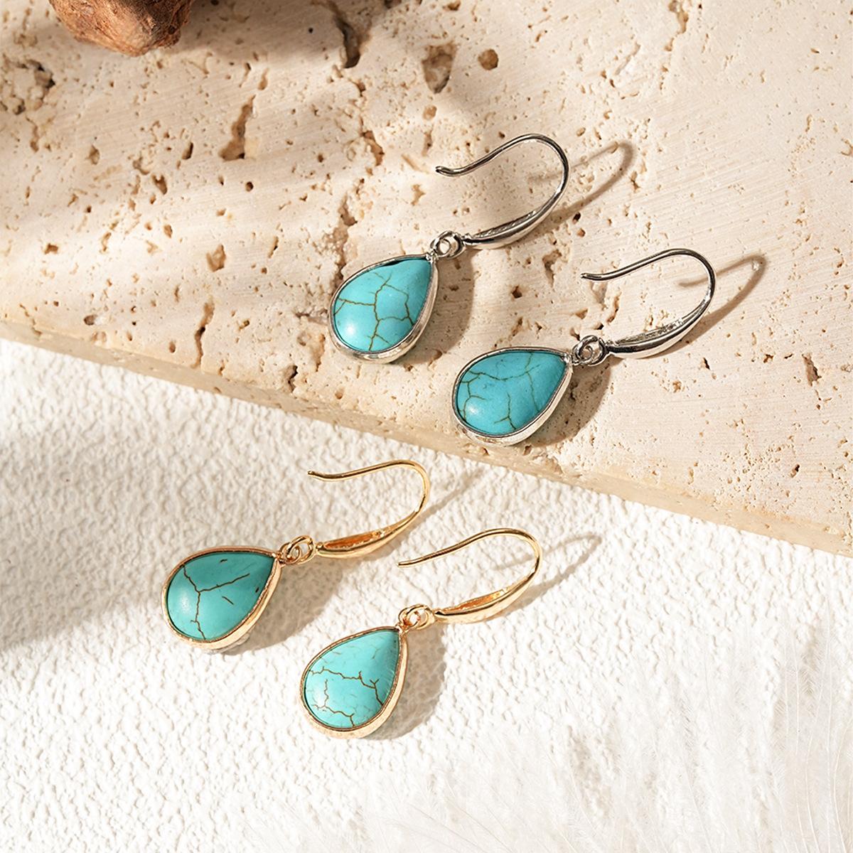 Natural Stone Teardrop Vintage Turquoise Inlaid Long Earrings
