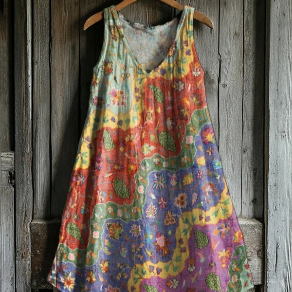 Summer Sleeveless Printed All-Match Casual Womens V-Neck Dress