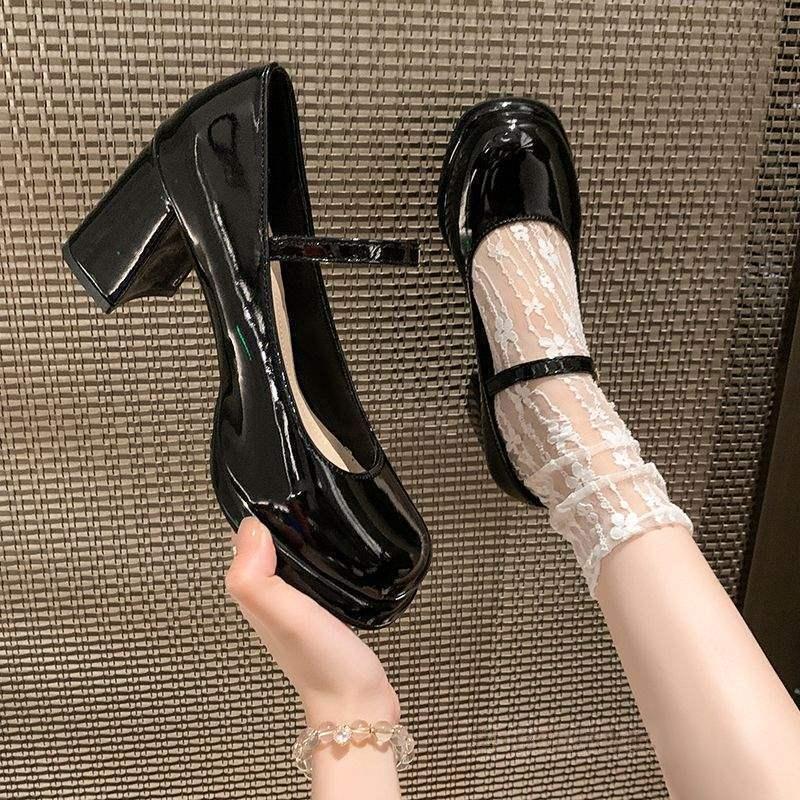 Retro French-style Chunky-heeled Round-toe Low-cut Leather Shoes