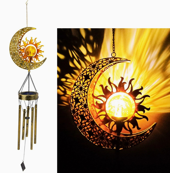 Wrought iron hollow sun moon wind chime pendant LED outdoor garden landscape decoration — foto 5