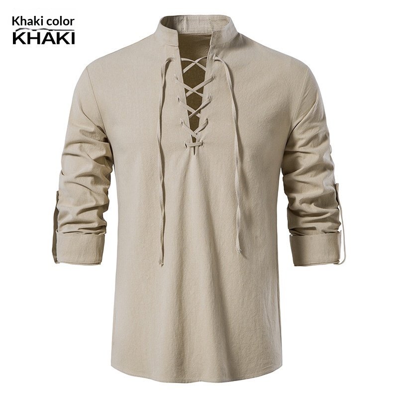 Mens Cotton-Linen Henley Shirt Long-Sleeve Hippie-Style Casual Beach Stand-Collar Blouse