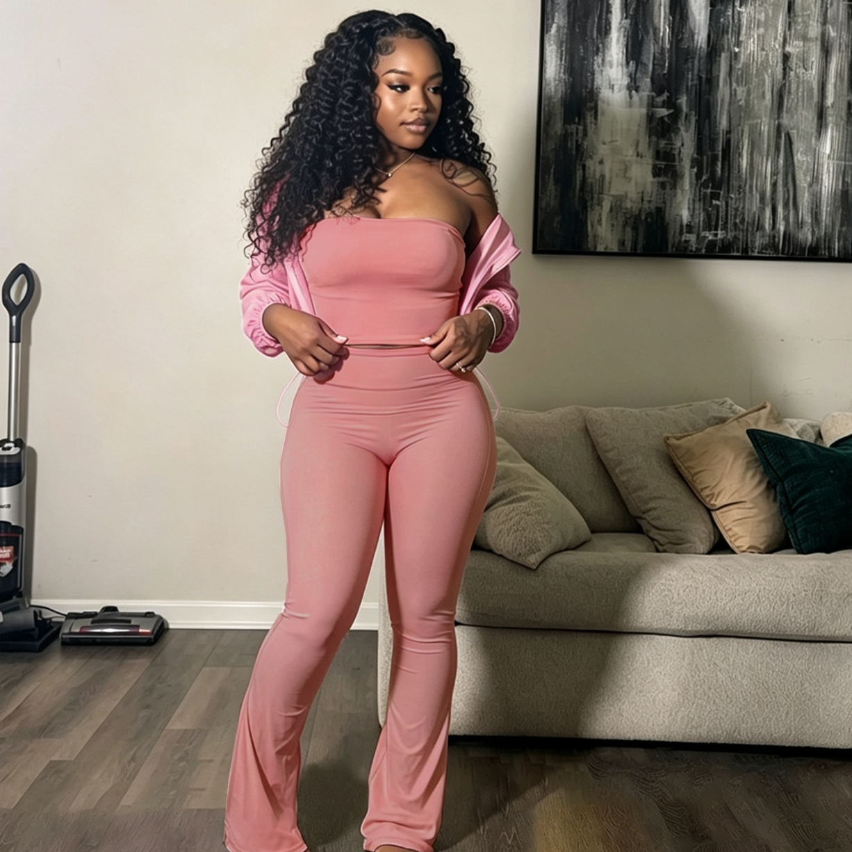 Womens Tube Top And Casual High-Waisted Pants Three-Piece Set