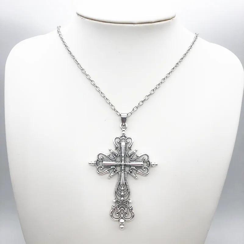 Vintage Style Cross Pendant Necklace Chain Unisex Religious Silver Tone
