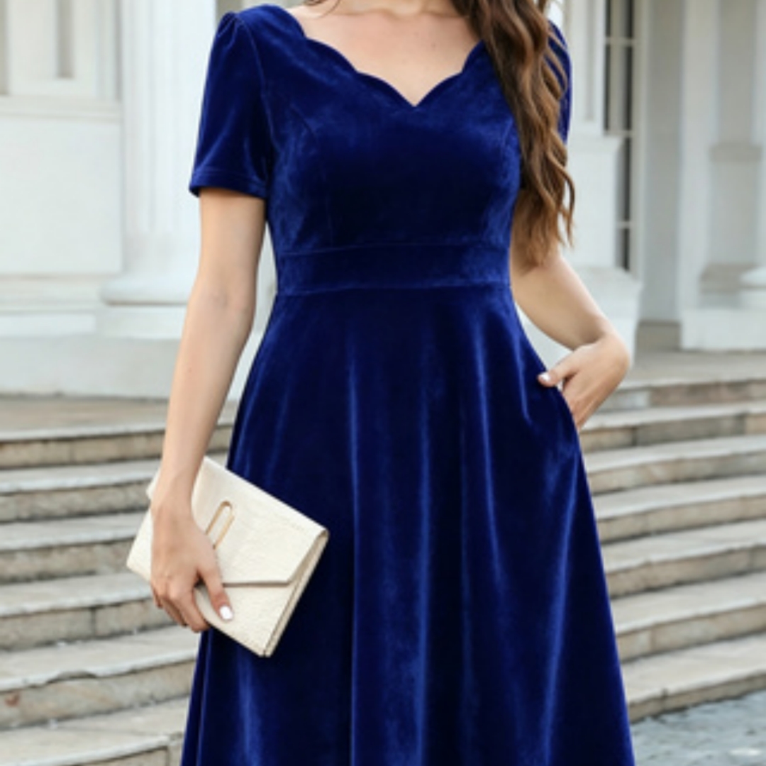Vintage V-neck Ruffled-sleeve Waist-cinching Short-sleeved Dress