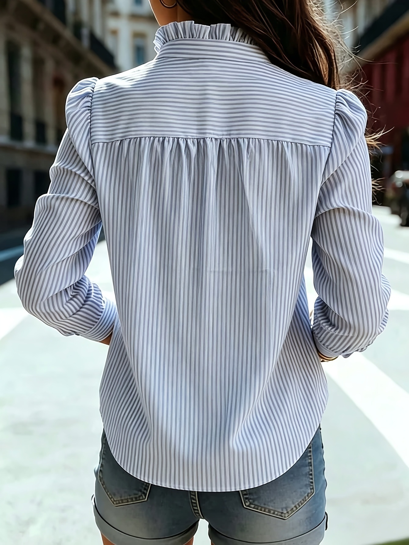 Womens Striped Long-sleeve Shirt With Pleated Detailing