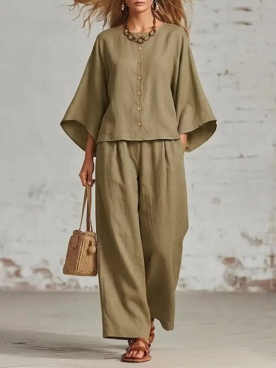 Round-neck Cardigan Three-quarter Sleeves Loose-fitting Casual Top Wide-leg Pants Set