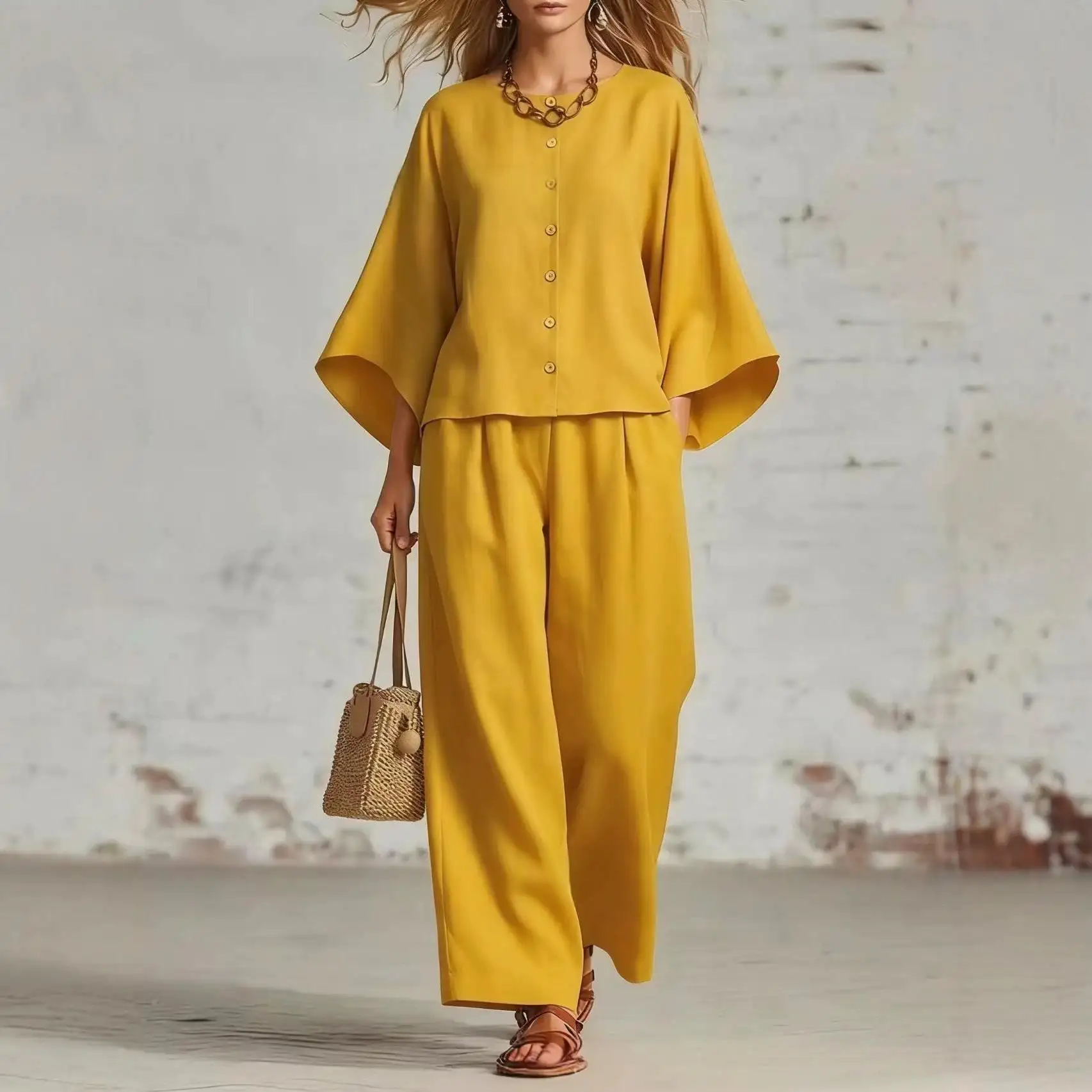 Round-neck Cardigan Three-quarter Sleeves Loose-fitting Casual Top